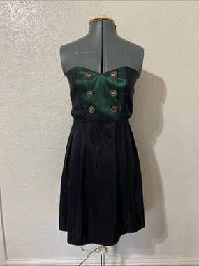 Strapless Black Dress with Emerald Front Panel and Gold Buttons